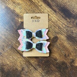 Kids Pink Blue Dog Character Bow Hair Clips with Black Glitter Center - 2 Pack